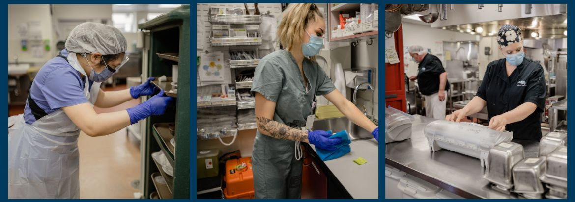 Three separate pictures of island health employees. One is loading a tray in a kitchen. Another is wiping a surface with a cloth. The last image shows two people looking at a menu in a kitchen