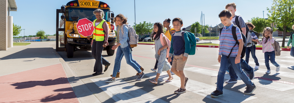 Crossing guard holding a stop sign in front of a school bus while student walk across a pedestrian crossing.