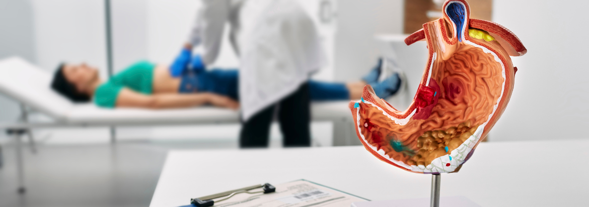 patient lying on table being examined by health care provider while model of stomach is in foreground