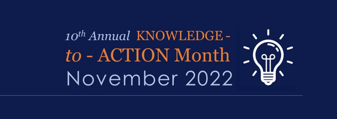 Knowledge-to-Action Month on dark blue background with white lightbulb icon