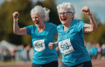 Two senior women celebrating running a foot race