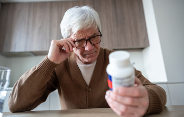 Senior looking reading instructions on a medication bottle