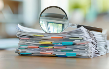stack of paperwork with microscope on top