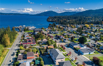 A bird's eye view of various buildings on a sunny day.