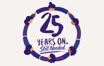 an official campaign poster that reads 25 years on still needed 