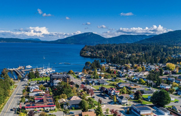 scenery photo with mountains, the ocean some small buildings and a dock