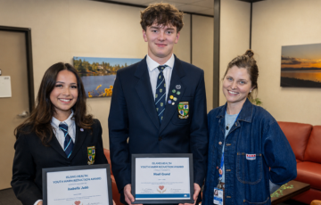 From left: Isabella Jubb and Noah Grand, Glenlyon Norfolk School; Jenna Patterson, Island Health’s Addiction Medicine and Substance Use program