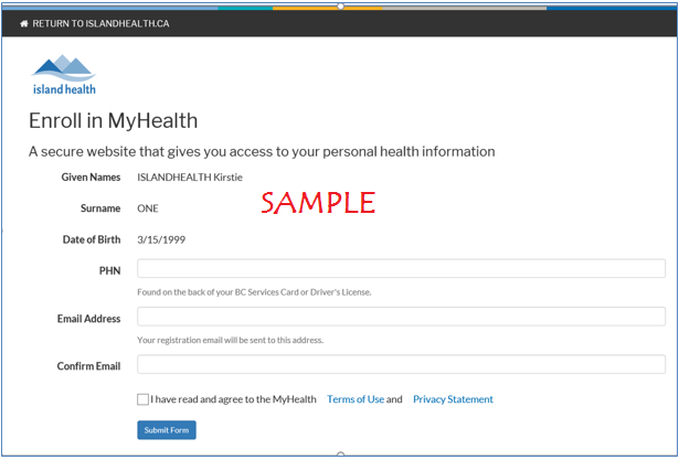 MyHealth Enrollment Form Screen